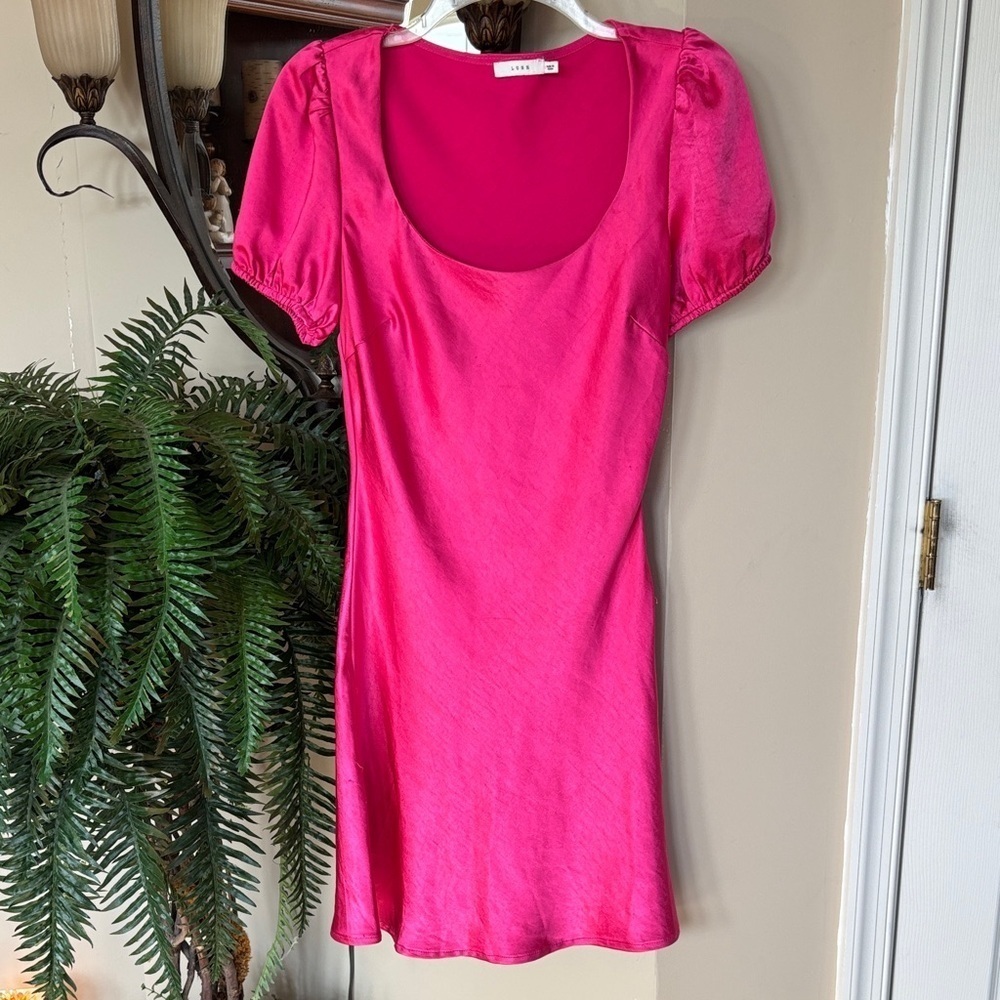 Lush Fuchsia Pink Satin Puff Sleeve Mini Dress Y2K Barbiecore Dance Party Barbie